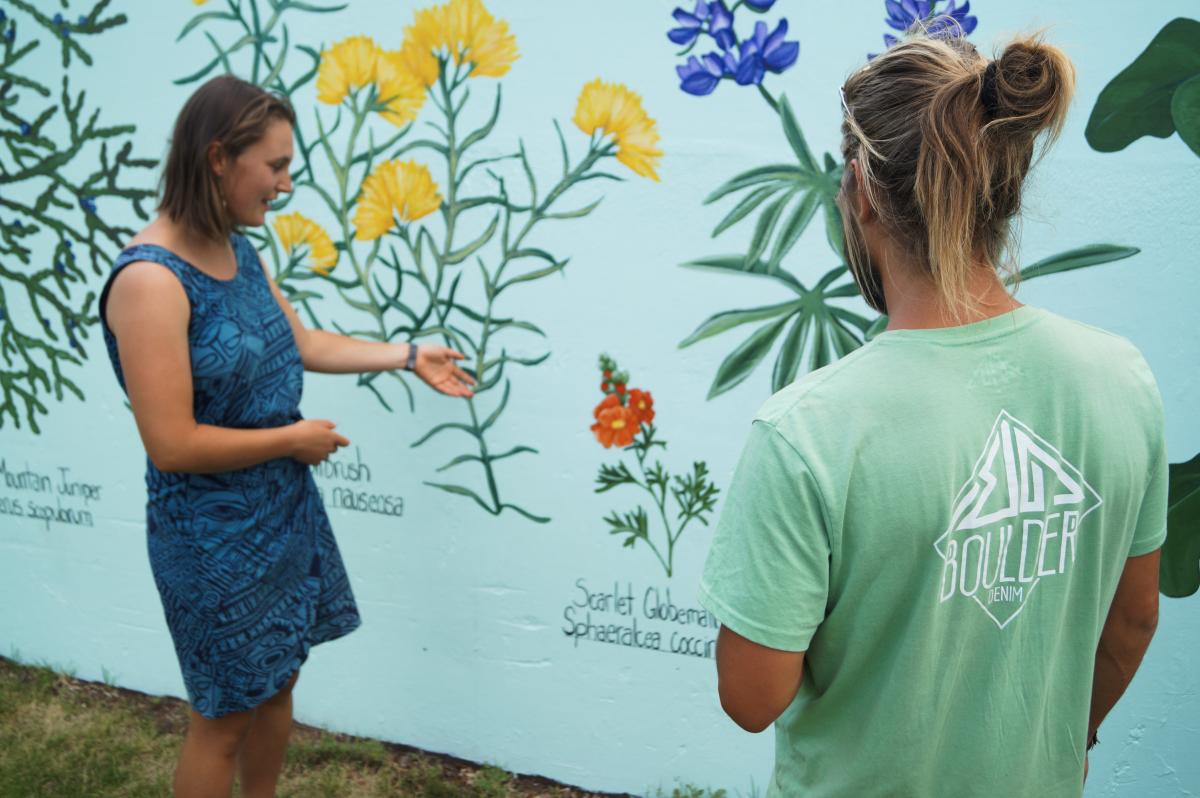 People looking at Outdoor Art Mural at the Durango Botanic Gardens